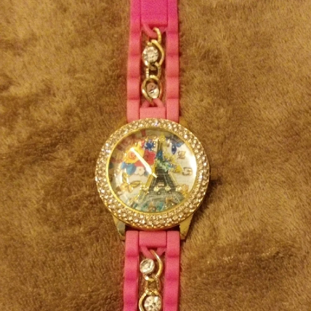 Pink and Gold Watch with Eiffel Tower Design